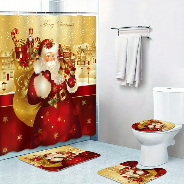 4pcs Santa Claus Christmas Shower Curtain Set with Non-Slip Carpet, Toilet Seat, and Bath Mat - Red Waterproof Shower Curtain for Bathroom Decor and 12 Hooks Included