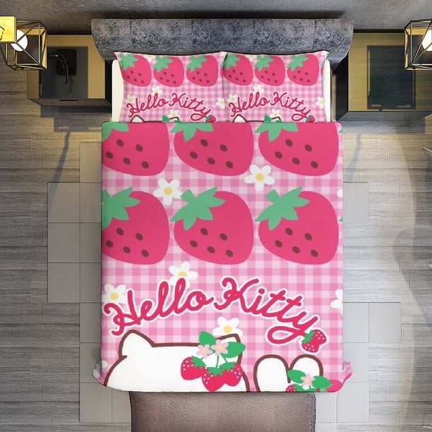 Hello Kitty Strawberry 3 Pieces Duvet Cover Set Full Size Super Soft Fade Resistant Microfiber