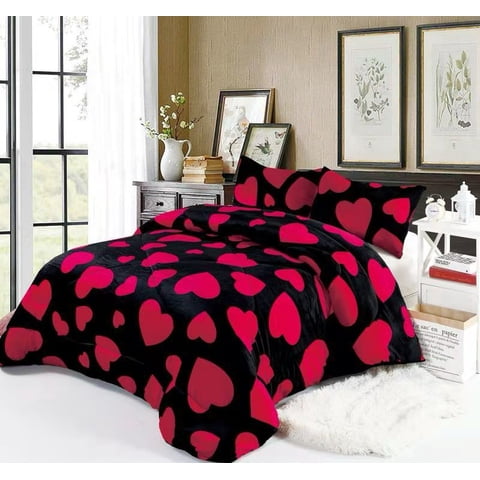 Aladdins Shop - Cobertor De Invierno De Plush Y Chiporro 1,5 Plaza Diseño Negro Corazones