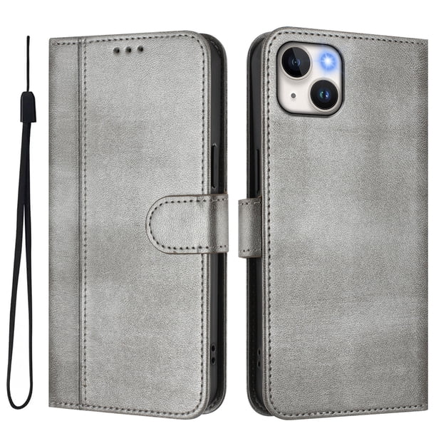 Funda Cartera para iphone 15 Plus Protección 360° con Ranuras para Tarjetas y Soporte Gris