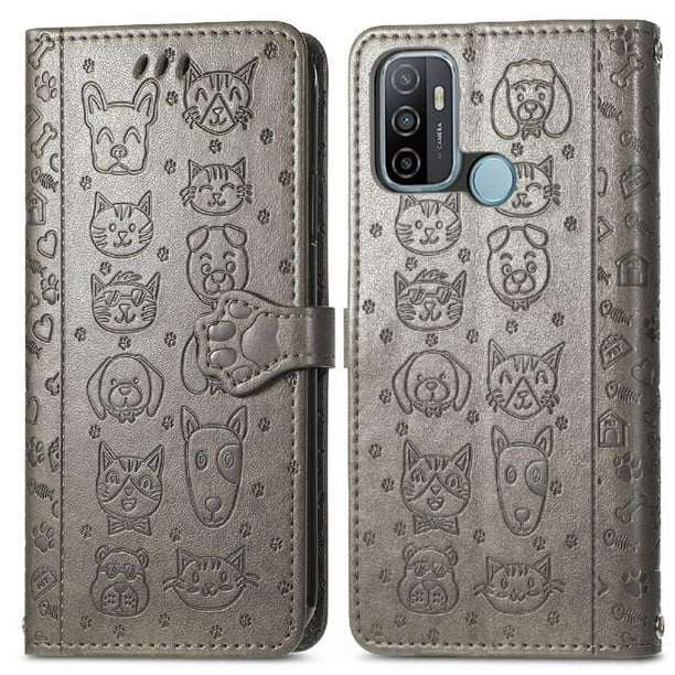 Funda Cartera FOXDOCK para OPPO A53 2020 , Flip PU con Relieve de Gatos y Perros, Tarjetero y Soporte