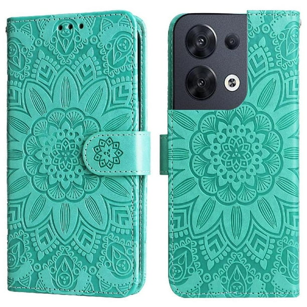 Funda tipo cartera FOXDOCK para OPPO Reno 8 5G , diseño girasol en relieve, cuero PU, cierre magnético, soporte y tarjetero