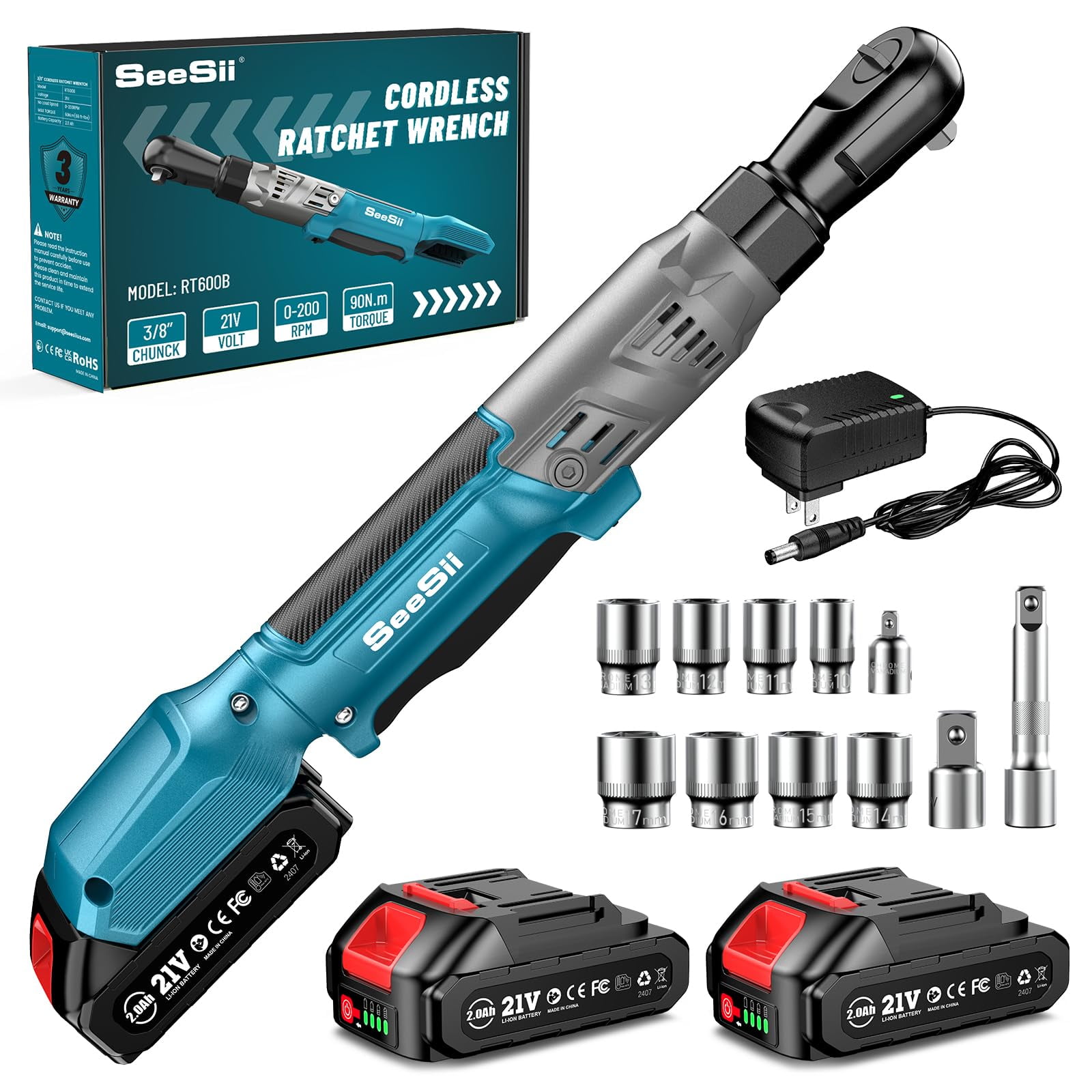 Llave De Trinquete Eléctrica Inalámbrica Seesii 21 V 90 Nm Con 8 Enchufes