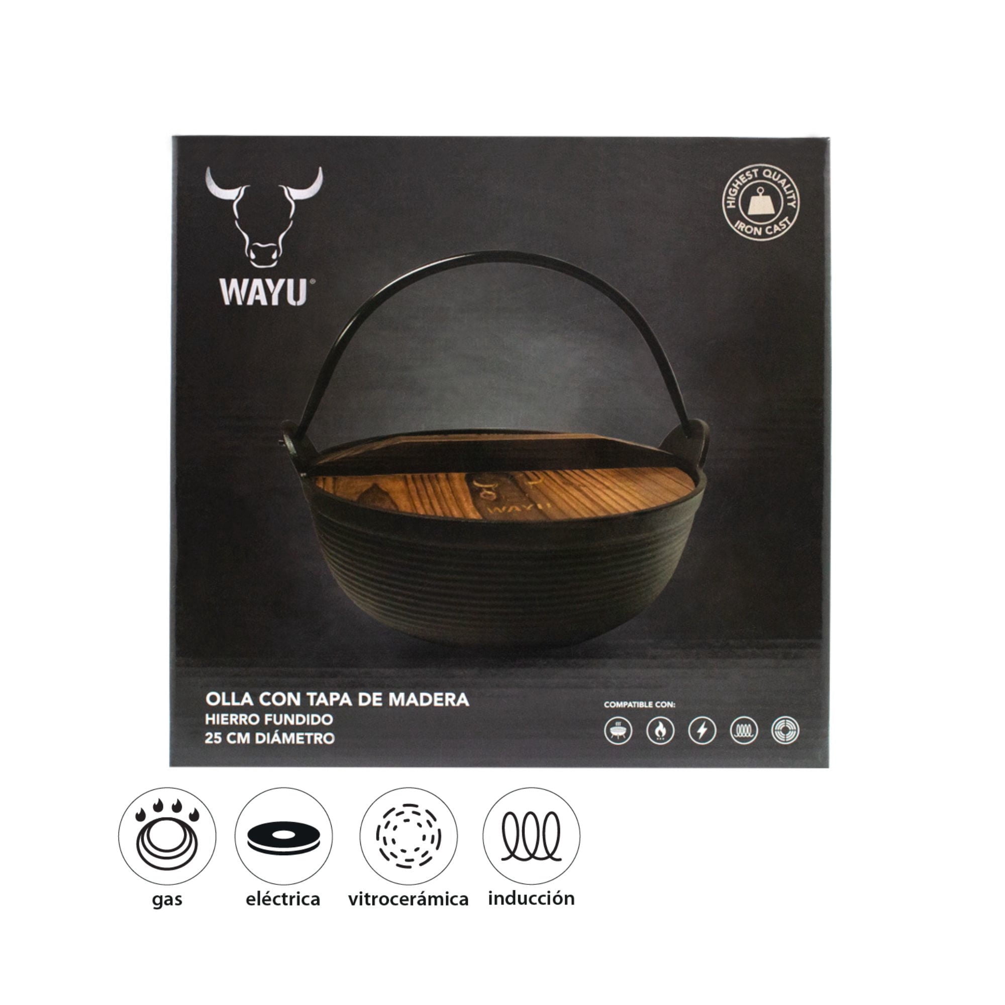 Wayu - Olla Con Tapa De Madera 6902221290519 Hierro Fundido Negro-Café
