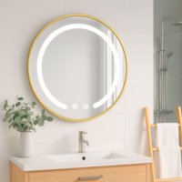 Joytek - Espejo Redondo Marco Dorado Touch Con Luz Led 3 Colores 60 Cm