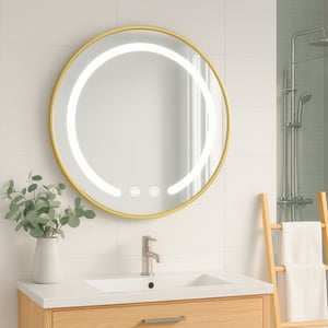 Joytek - Espejo Redondo Marco Dorado Touch Con Luz Led 3 Colores 60 Cm