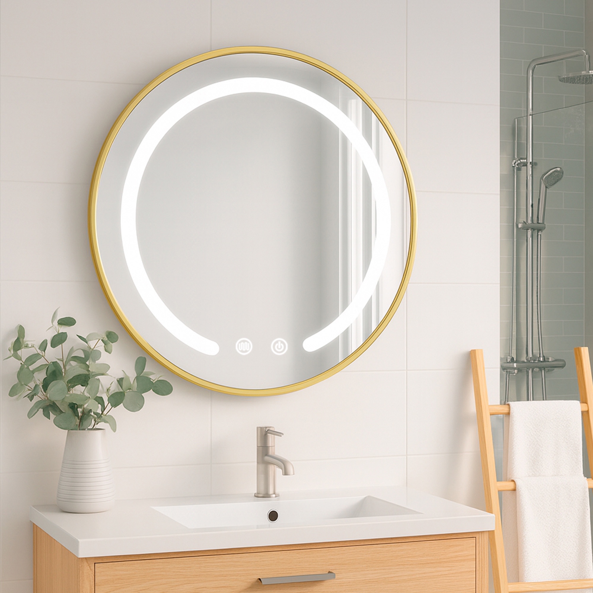 Joytek - Espejo Redondo Marco Dorado Touch Con Luz Led 3 Colores 60 Cm