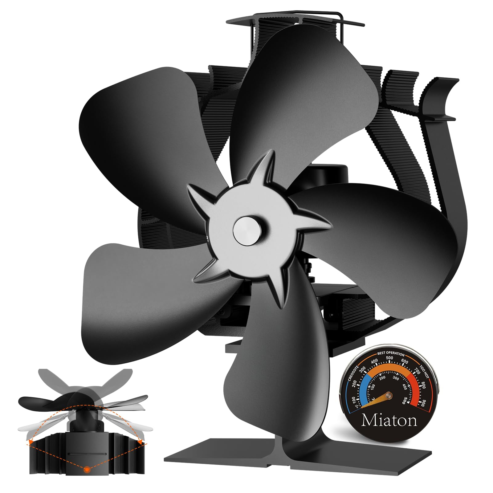 Ventilador De Estufa De Leña Miaton Oscilante Alimentado Por Calor Con Termómetro