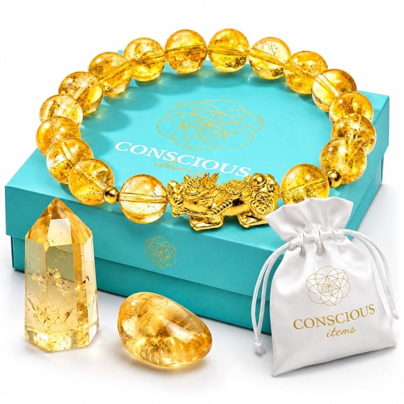 Pulsera Conscious Items de Citrino con Amuleto Pixiu de Prosperidad
