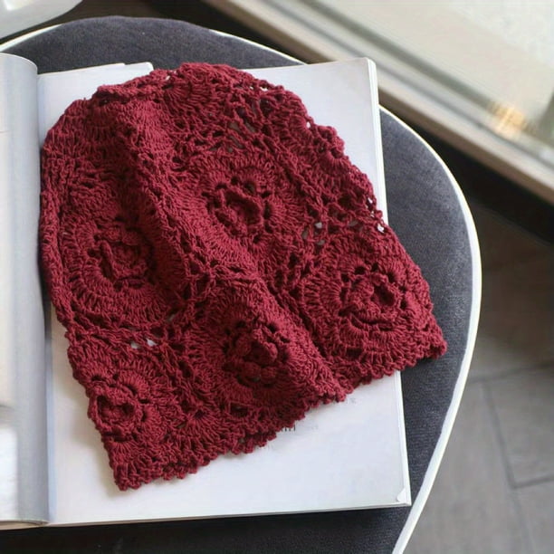 Vintage Flower Crochet Beanie Elegant Hollow Out Skull Hat Soft Thin Breathble Knit Hats Cloche Hat For Women