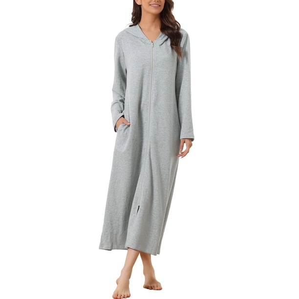 INSPIRE CHIC Bata con Capucha para Mujer con Cremallera, Manga Larga, Largo Completo, Sudadera, Camisón con Bolsillos, Vestido Suave para Estar en Casa, 2XL Gris