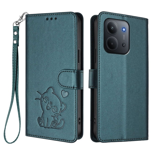 Xiaomi Redmi 15C 4G/5G Funda Billetera con Estampado de Gato, Verde Oscuro