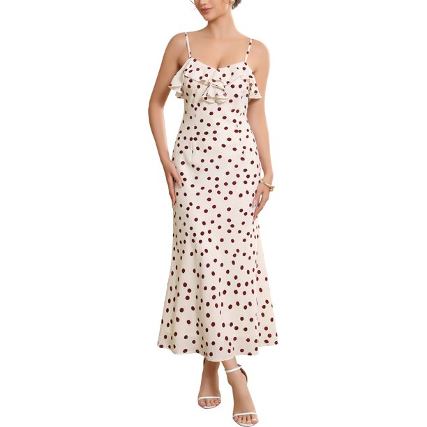 INSPIRE CHIC Vestido de Lunares para Mujer Cóctel Citas Vintage Volantes Frontales Tirantes Maxi Vestidos XL Marrón Claro