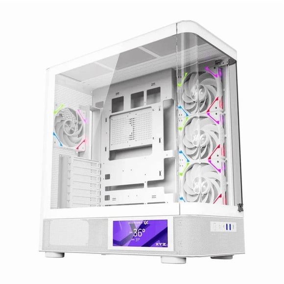Gabinete Gamer XYZ Quantum PRO, Vidrio Curvado, Pantalla LCD, Incluye 4 Ventiladores ARGB, Blanco