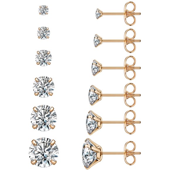 Juego de 6 pares de pendientes de botón Wssxc CZ 3‑8 mm en oro rosado