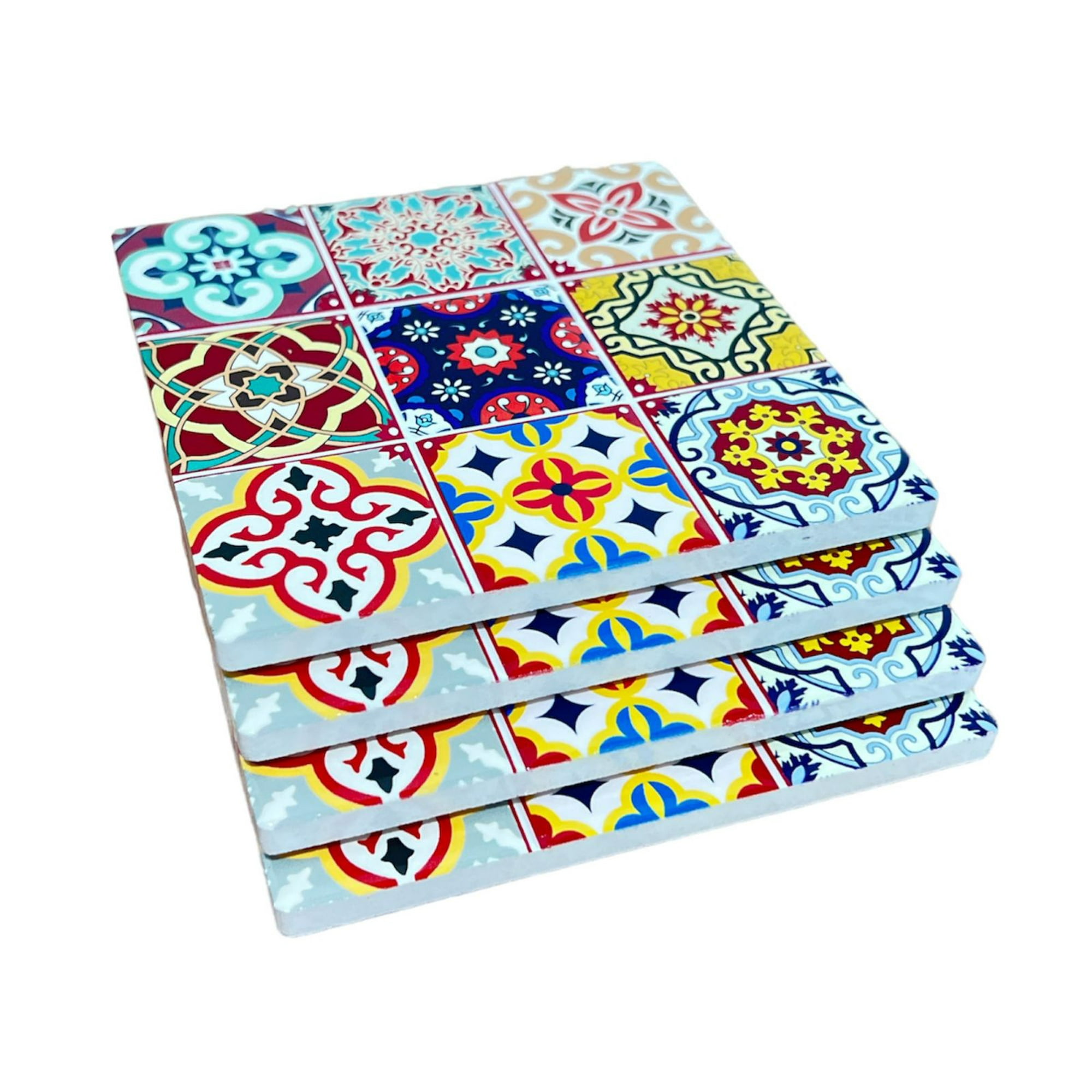 Oem - Set 4 Posavasos Colorido Ceramica Y Corcho 4 Piezas Cuadrado M5