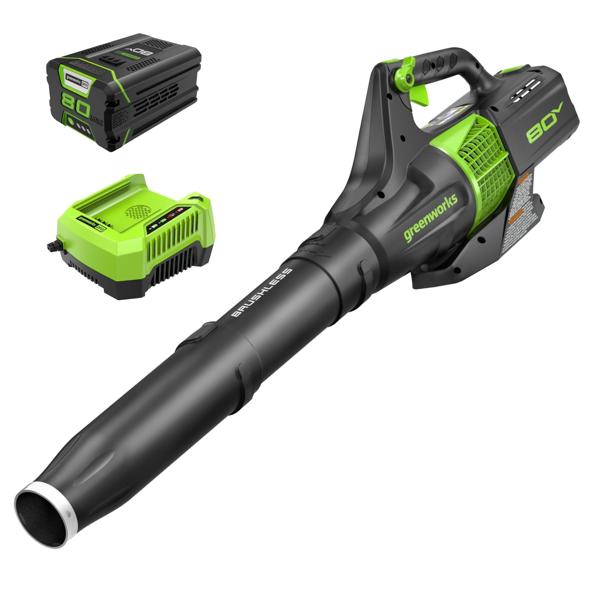 Soplador De Hojas Axial Inalámbrico Sin Escobillas Greenworks, 80 V, 2,5 Ah