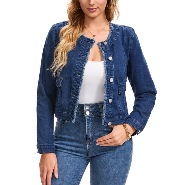INSPIRE CHIC Chaqueta de Mezclilla para Mujer sin Cuello Borde Deshilachado Manga Larga Botón Frontal Chaquetas de Jean Cortas XL Azul Oscuro