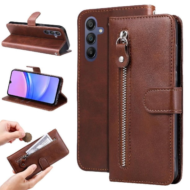 Funda tipo cartera para Samsung Galaxy A16 con bolsillo con cremallera y ranuras para tarjetas – Función de soporte Marrón