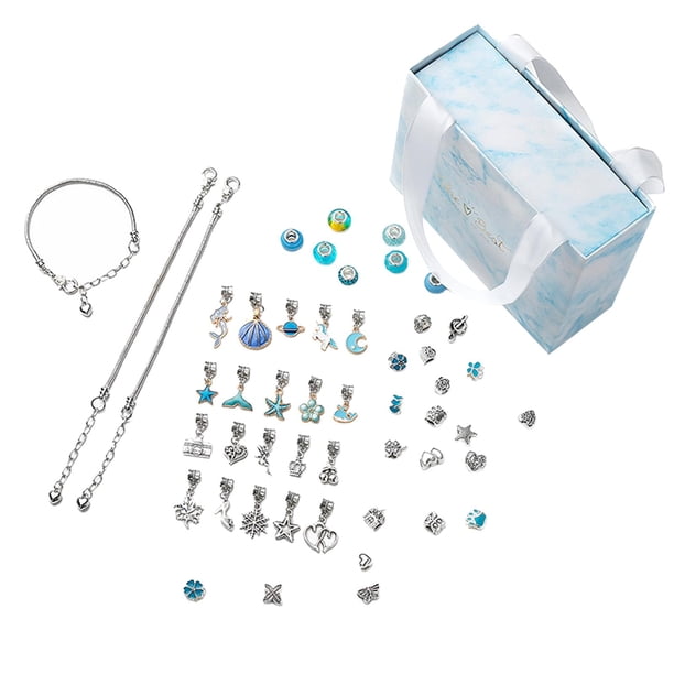 63 piezas DIY Charm Bracelet Jewelry Making Kit, Metal Charms Set Charm Beads hecho a mano DIY Charm Bracelets Kit para niñas Navidad regalo Azul