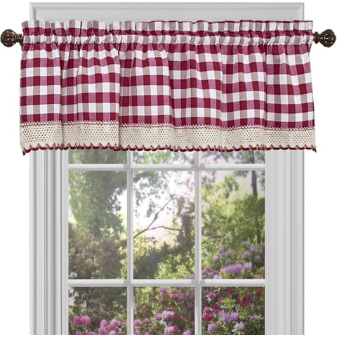 Cortinas Con Cenefa Achim Buffalo Check, 148 X 36 Cm, Color Burdeos