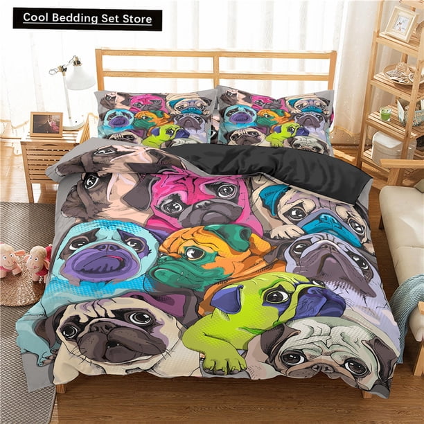 x1427 Bed SheetsCartoon Pug Dog Bedding Set Lovely Home Pet Puppy Pattern Duvet Cover Size Cute Animal Theme Soft Comforter Cover 3-Piece Bedding Set (1 Duvet Cover + 2 Pillow Shams) nj1427
