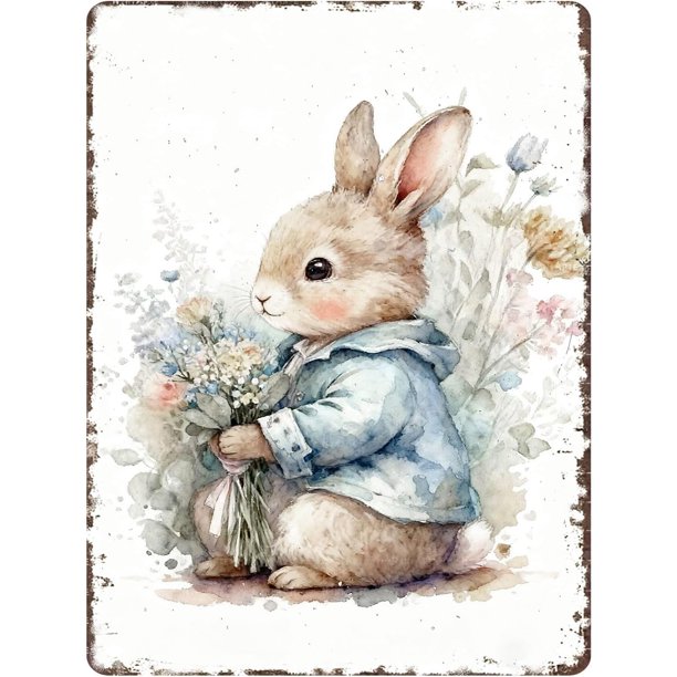 Letrero estaño conejo Pascua retro conejo vintage metal hogar jardín sala decoración pared Pascua 20x30cm