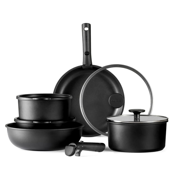 Juego de utensilios de cocina CAROTE, 11 unidades, antiadherentes, de inducción con mango, color negro