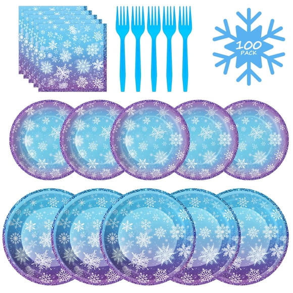 Juego de platos y servilletas Frozen Snowflake para fiesta de cumpleaños, 100 unidades