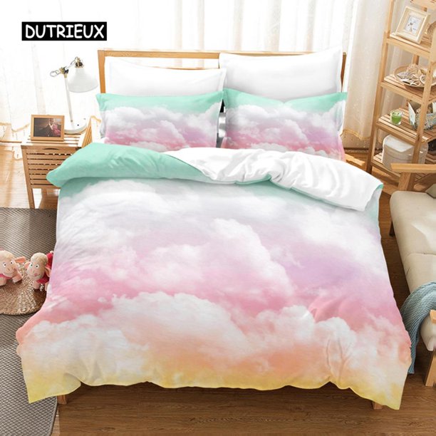 x2007 Bed SheetsClouds Duvet Cover Set Iridescent Dream Cloud Bedding Set Women Kawaii Aesthetic Style Size /Polyester Quilt Cover 3-Piece Bedding Set (1 Duvet Cover + 2 Pillow Shams) nj2007