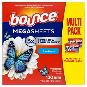 Sábanas Para Secadora Bounce Mega Fresh Breeze, 130 Unidades