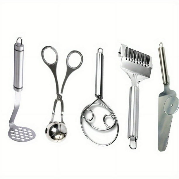 5pcs, Kitchen Tool Set, Potato Press, Meatball Maker, Manual Egg Beater, Noodle Roller Cutter, Pizza Cutter, Pizza Spatula, Stainless Steel Kitchen Gadget Set, Kitchen Supplies