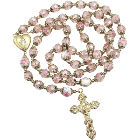 Nazareth Store Rosario católico con cuentas de cristal rosa y flores doradas
