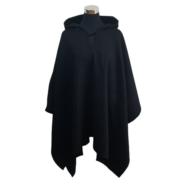 Poncho Tweed Capucha 100% Lana - Largo - Negro