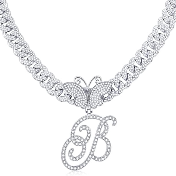 Stylish Hip Hop Cuban Butterfly Necklace with White Letter Initials