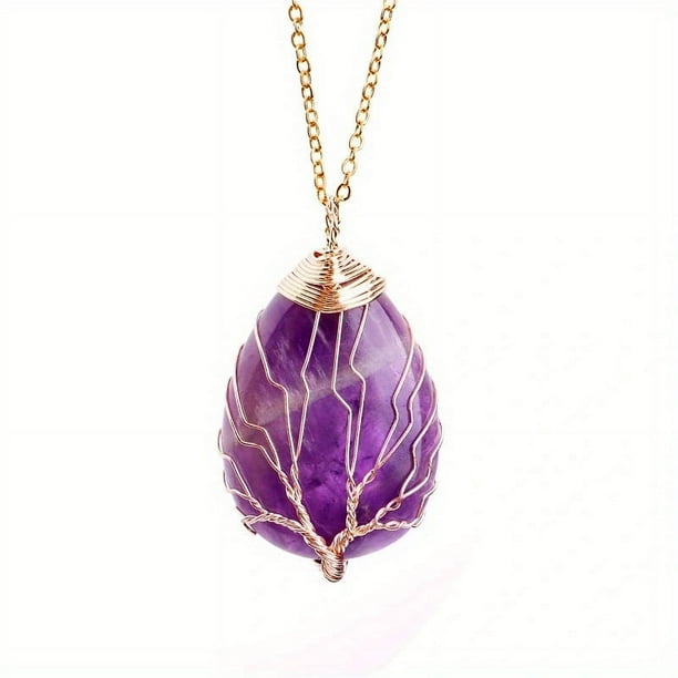 Healing Stones Tree of Life Necklace with Tiger Eye and Amethyst Crystals - Chakra Jewelry for Men and Women - Copper Wire Wrap Gemstone Pendant