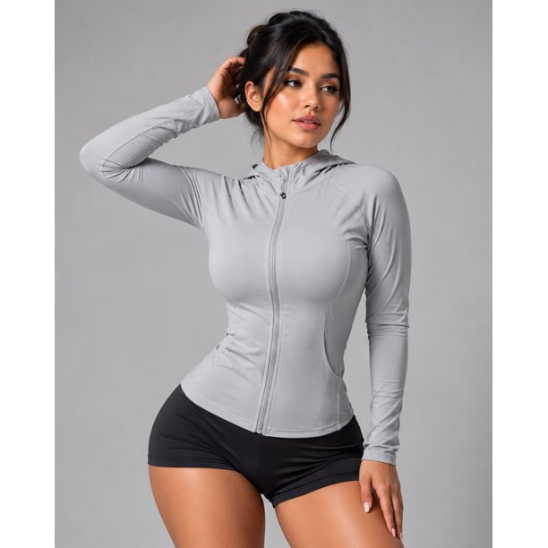 Chaqueta Deportiva Mujer Ajustada con Capucha, Cierre Completo y Bolsillos