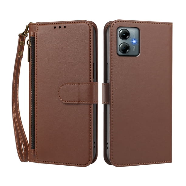 Funda Tipo Billetera para Motorola Moto G Play 2025 con Soporte y Bolsillo con Cierre Marrón