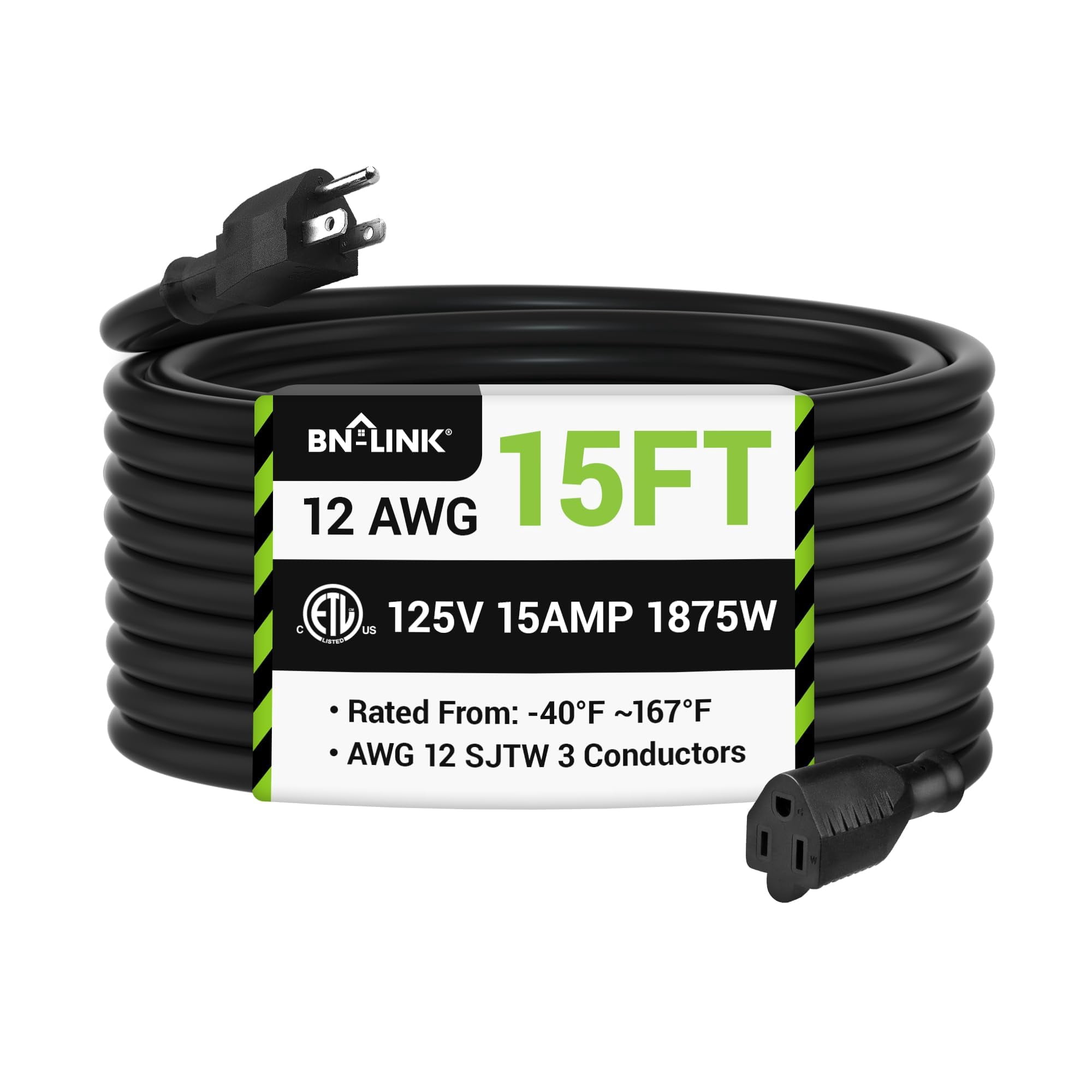 Cable De Extensión Para Exteriores Bn-link, 15 Pies, 15 A, 1875 W, 12/3 Sjtw, Negro