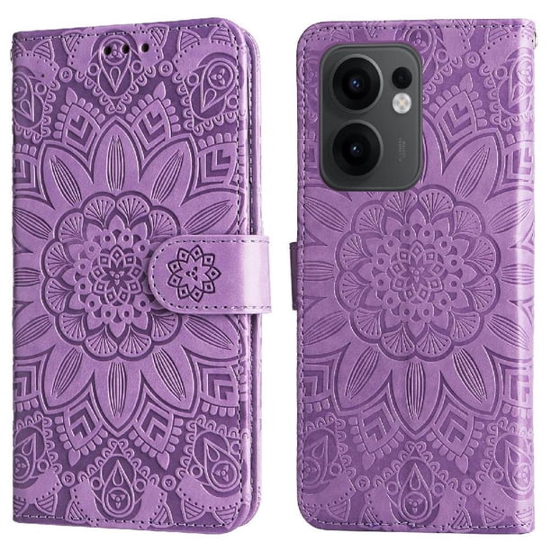 Funda tipo cartera FOXDOCK para OPPO Reno 13F , diseño girasol en relieve, cuero PU, cierre magnético, soporte y tarjetero