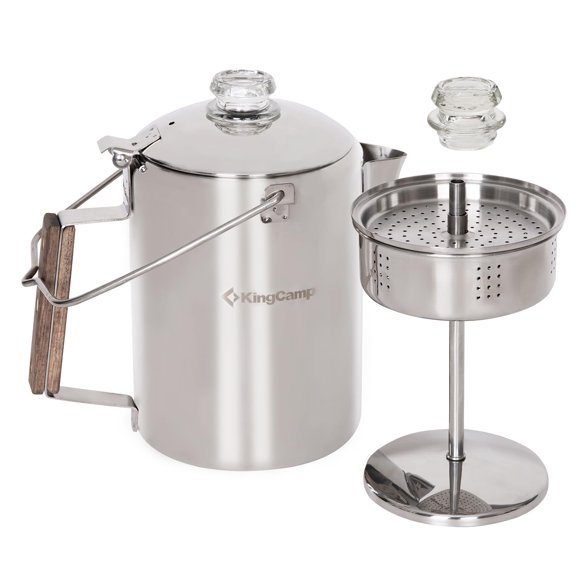 Cafetera KingCamp de 9 tazas, acero inoxidable con mango de madera