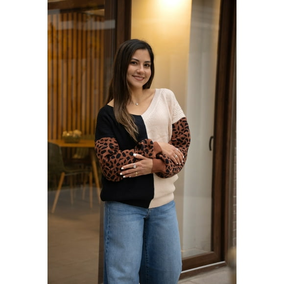 sweater polerón beige marrón animal print - MM SHOP