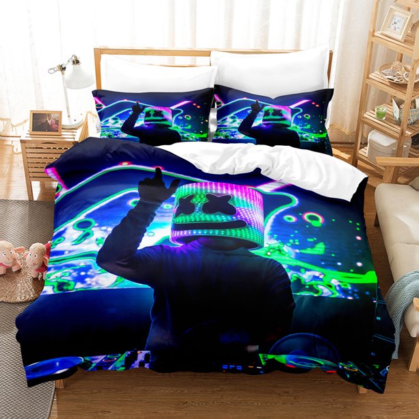 x1634 Bed SheetsDJ Marshmello Bedding Set Twin Full Size Hip Hop Bed Set Aldult Kid Bedroom Duvetcover Sets 3-Piece Bedding Set (1 Duvet Cover + 2 Pillow Shams) nj1634