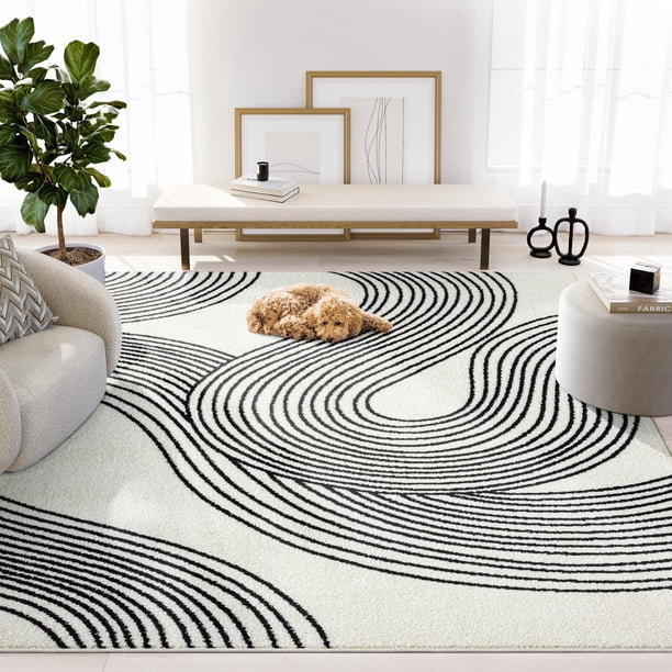 Alfombra Abani Nuevo, color crema y negro con forma de espiral, 240 x 300 cm, color beige