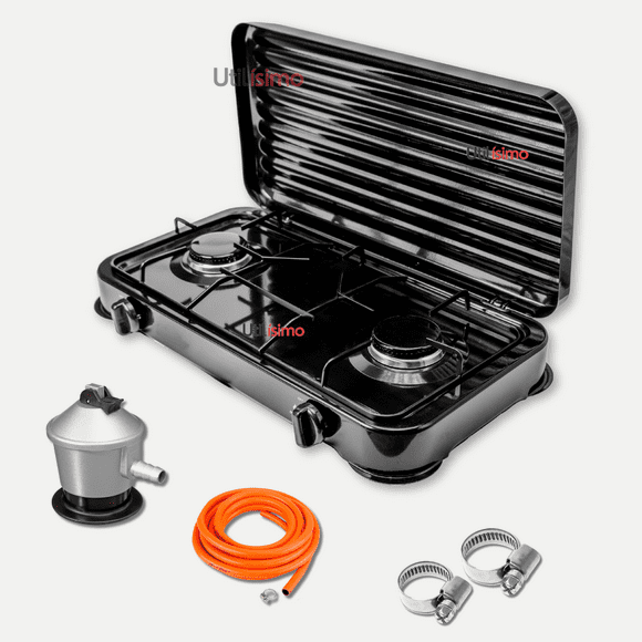 Cocina a Gas Encimeral 2 Platos Negro y KIT de instalación