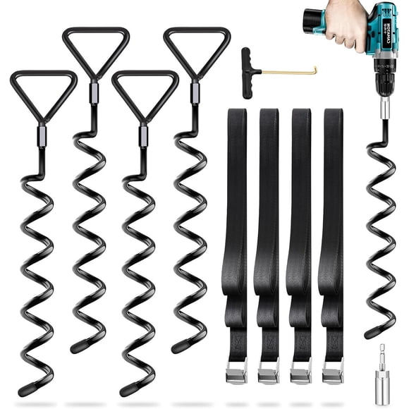 Anclajes de suelo tipo tornillo para trampolín, negros, paquete de 4