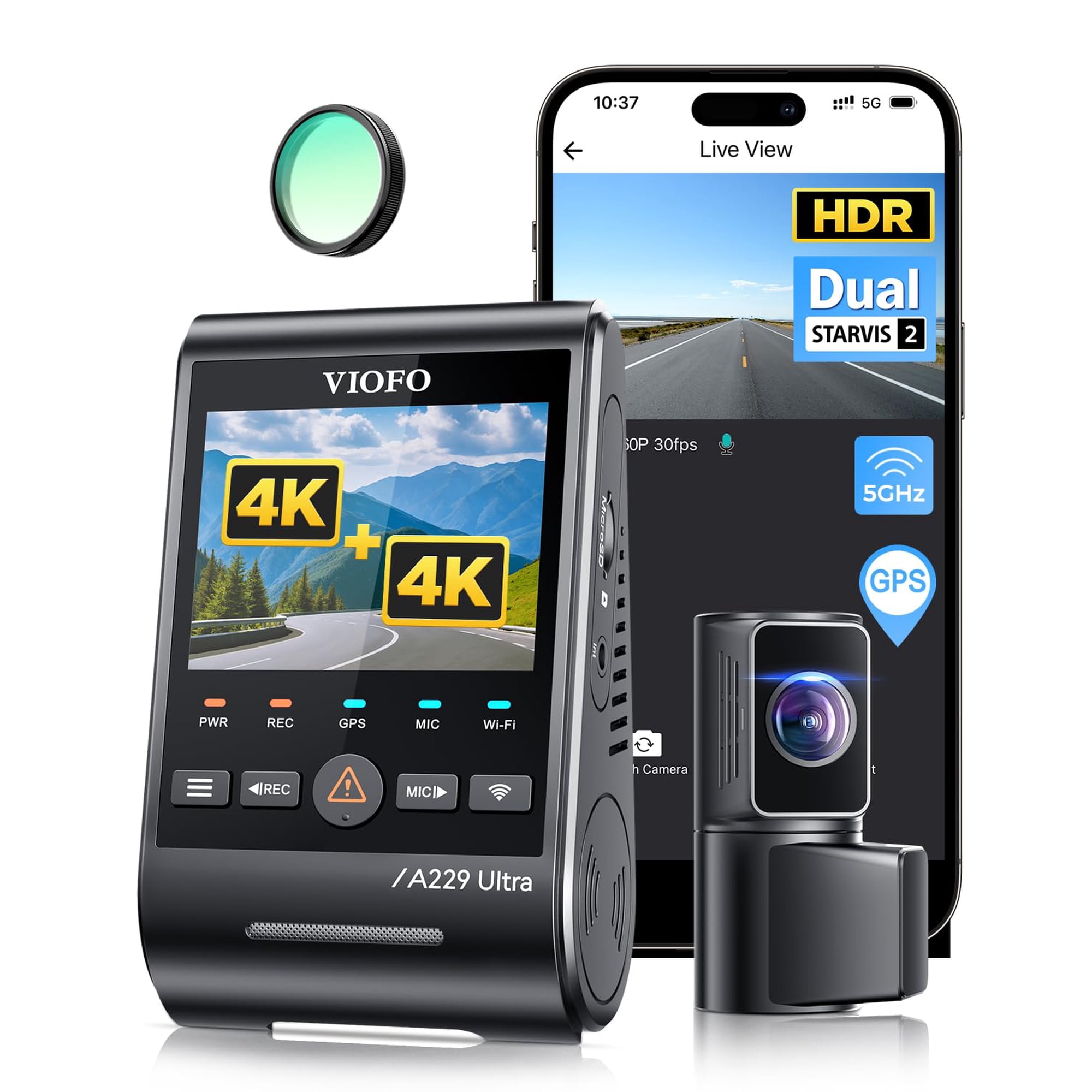 Cámara De Salpicadero Viofo A229 Ultra 2ch 4k Delantera Y Trasera Con Gps