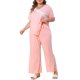thumbnail image 4 of Agnes Orinda Conjunto de Pijama de 2 Piezas para Mujer Talla Grande, Encaje con Lazo, Cuello en V, Manga Corta, Top y Pantalones Anchos con Volantes, Talla 5X, Rosa, 4 of 6