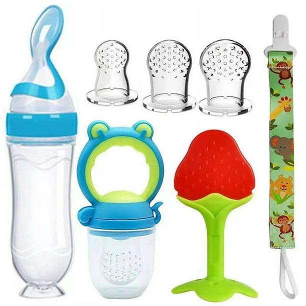 Complete 7pcs Baby Feeding Set with Soft Silicone and Stainless Steel Material | Includes Milk Water Bottle, Spoon Feeder, Teether, Fruit Feeder, Pacifier Holder and 3-Size Nipples | Perfect for Tende