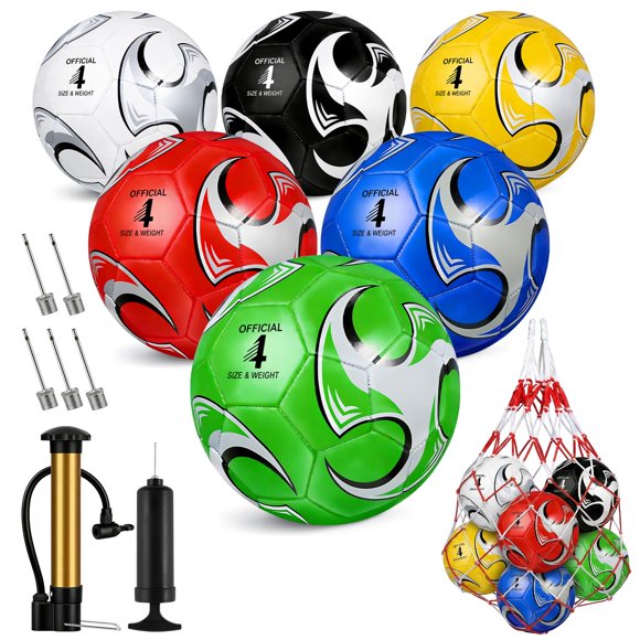 Paquete de 6 balones de fútbol coloridos tamaños 5/4/3, desinflados, incluye bomba de mano y bolsa de malla – Pelota de entrenamiento y competición para interior y exterior